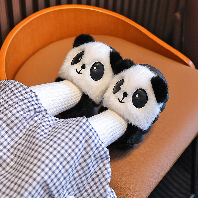 Zapatillas de algodón de invierno para niñas calentadas y peludas lindas para niños en casa, paternidad antideslizante para niños pequeños y medianos, panda de algodón