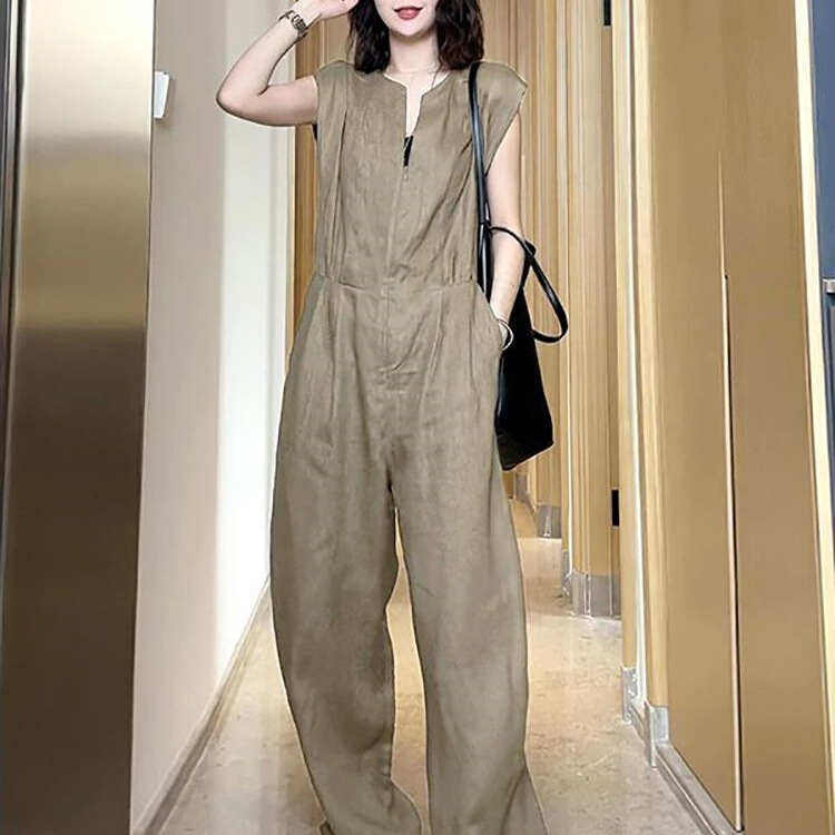 Korean Style Simple Sleeveless Zipper Design Thin Jumpsuit for Women, Fashionable Summer Casual Versatile Jumpsuit Trendy