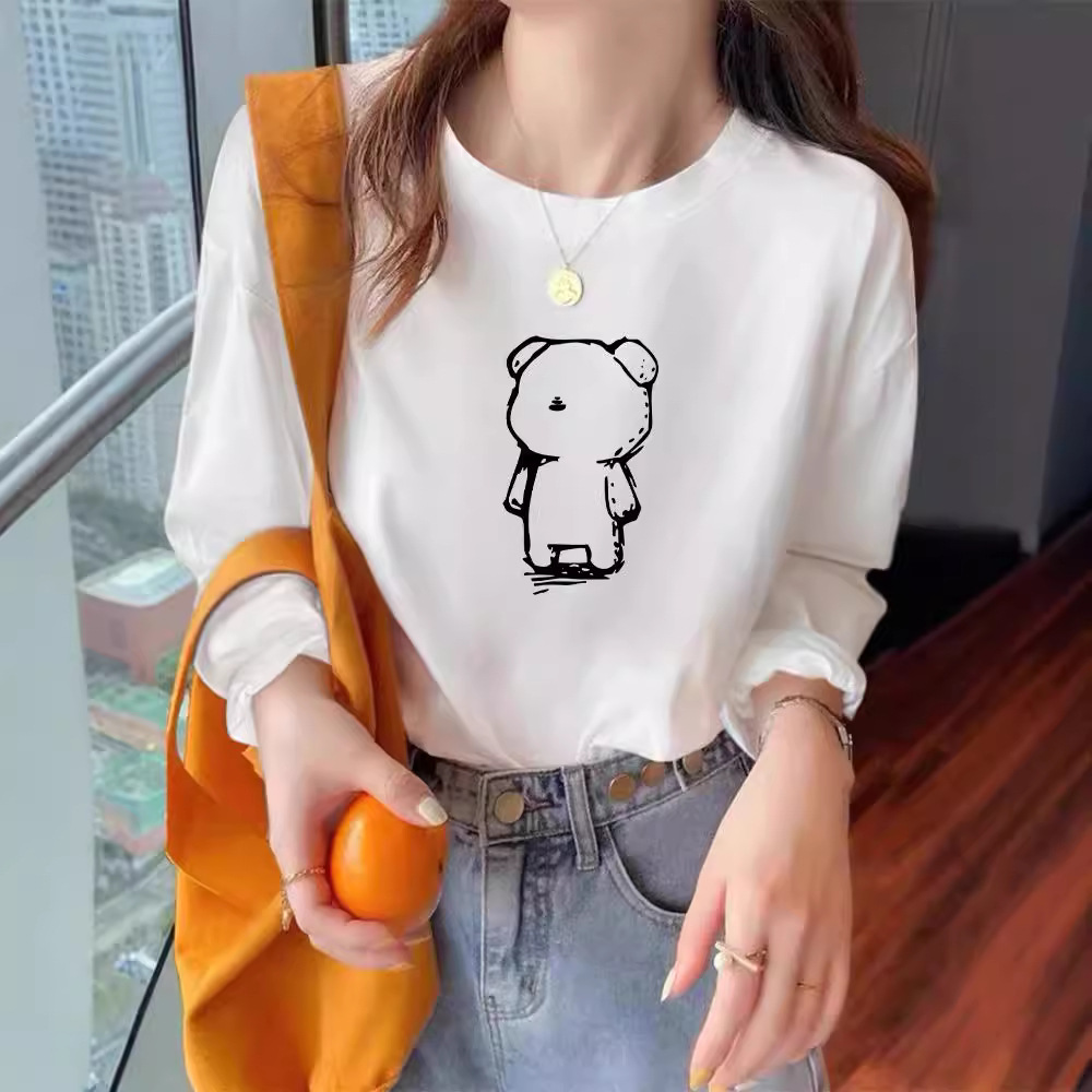 Fuente de envío de una pieza Fuente de fábrica 2024 Nueva camiseta de algodón puro para mujer Camiseta de manga larga con cuello redondo Camisa de primavera y otoño