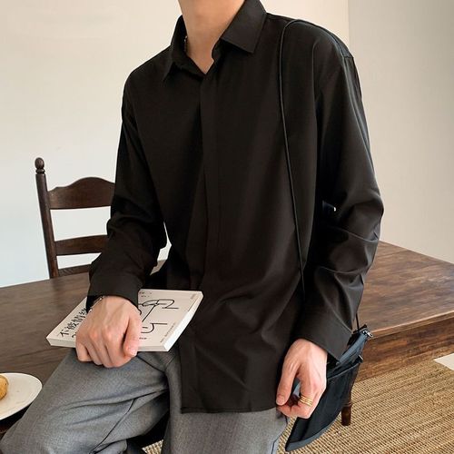 White shirt, men's long-sleeved, men's design casual shirt, non-iron, Hong Kong style, dragline, ice silk shirt, men's loose