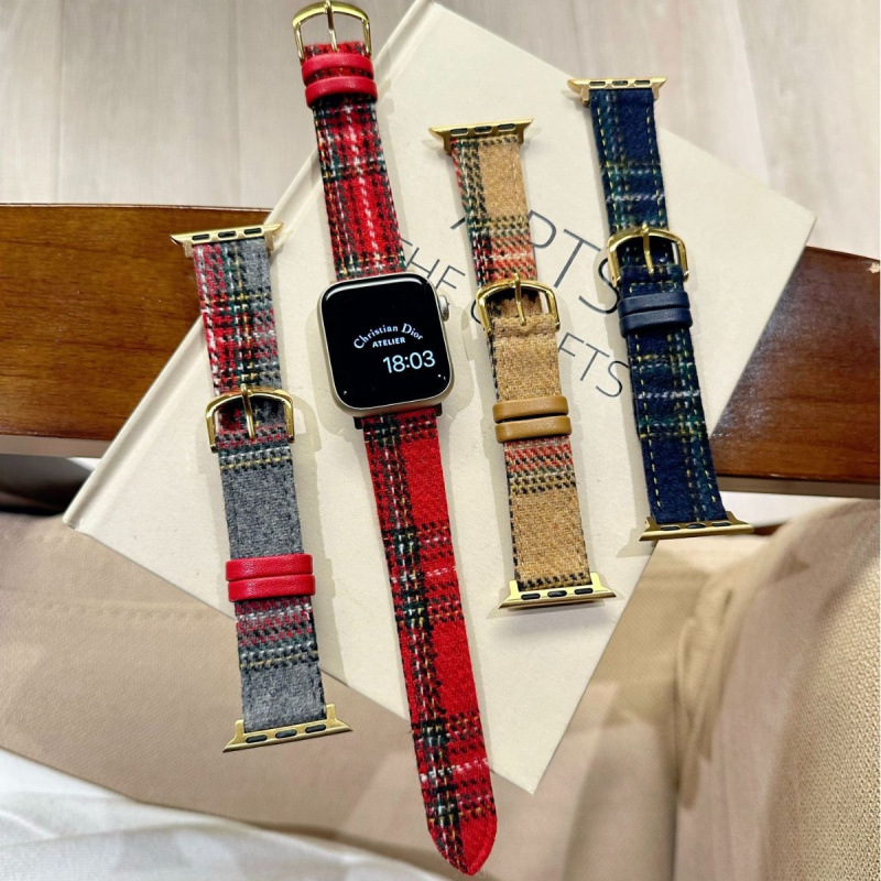 Wool plaid leather strap suitable for applewatchs10 apple watch…
