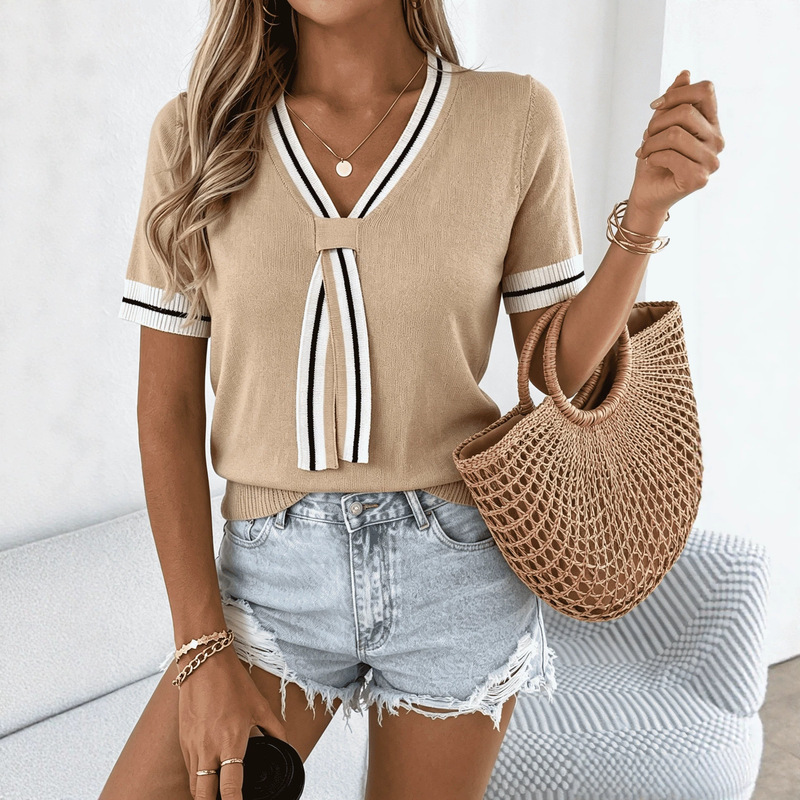 Cross-Border Amazon European and American Simple and Versatile V-Neck Knitted Short-Sleeve 2026 New Casual Women's T-Shirt Top Wholesale Cross-Border Amazon European and American Simple and Versatile V-Neck Knitted Short-Sleeve 2026 New Casual Women's T-Shirt Top Wholesale