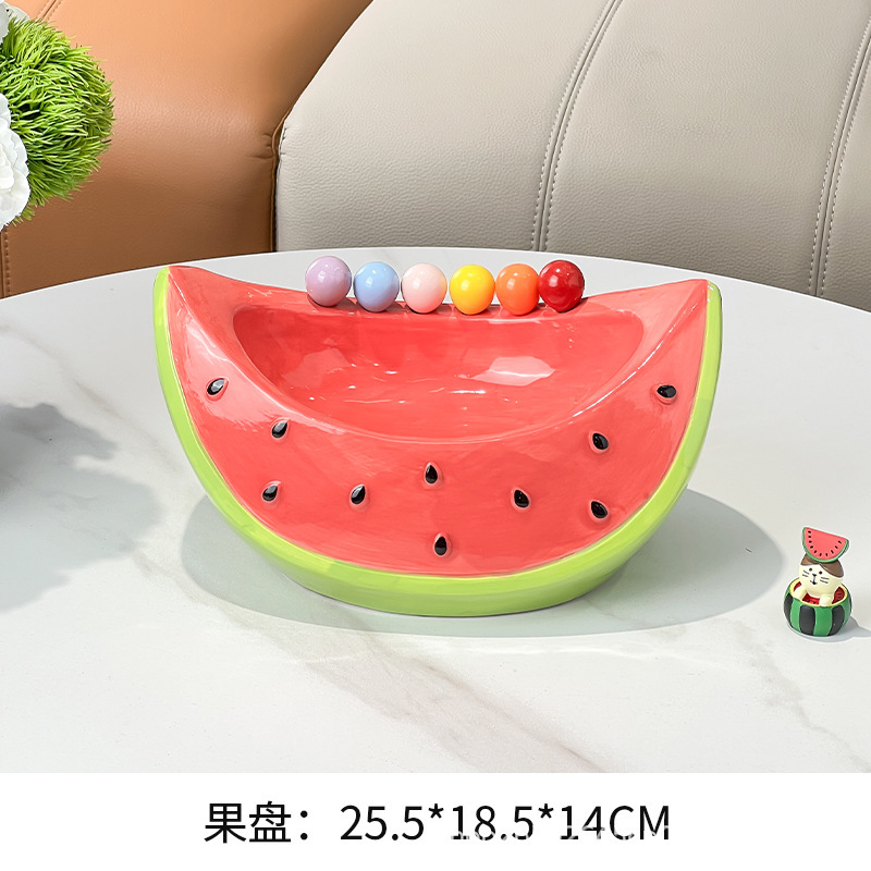 西瓜陶瓷水果盘水果叉客厅茶几家用零食甜品摆放盘茶几干果盘两用|undefined