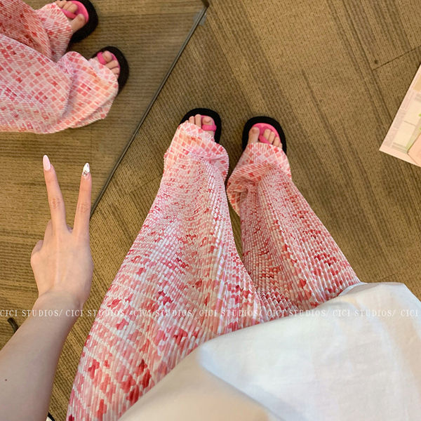Korean style women's gradient floral plaid printed wide-leg pants high waist draping slimming straight pleated casual pants anti-mosquito Korean style women's gradient floral plaid printed wide-leg pants high waist draping slimming straight pleated casual pants anti-mosquito