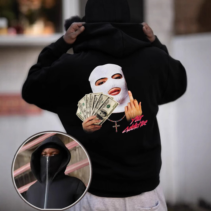 230g Sweatshirt/100% Polyester/Men's Fashion Money Gesture Street Style Barack Double Hooded Double Collar Sweatshirt