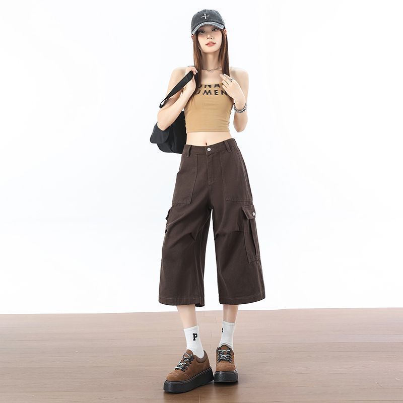 2026 Summer New Style Elastic Waist Brown Cropped Pants Women's Workwear Wide-Leg Mid-Length Pants Shorts Women 2026 Summer New Style Elastic Waist Brown Cropped Pants Women's Workwear Wide-Leg Mid-Length Pants Shorts Women