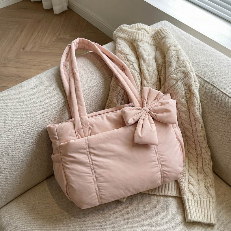 New Tote Bag with Bow, Yoga Bag, Winter Embroidered Checkered Space Bag, Cotton Padded Shoulder Tote Bag