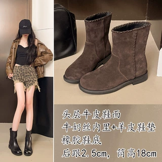 头层牛皮圆头平底马丁靴女2025秋冬新款休闲百搭真皮短靴一件代发