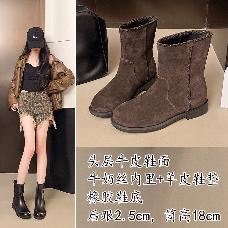 头层牛皮圆头平底马丁靴女2025秋冬新款休闲百搭真皮短靴一件代发|undefined