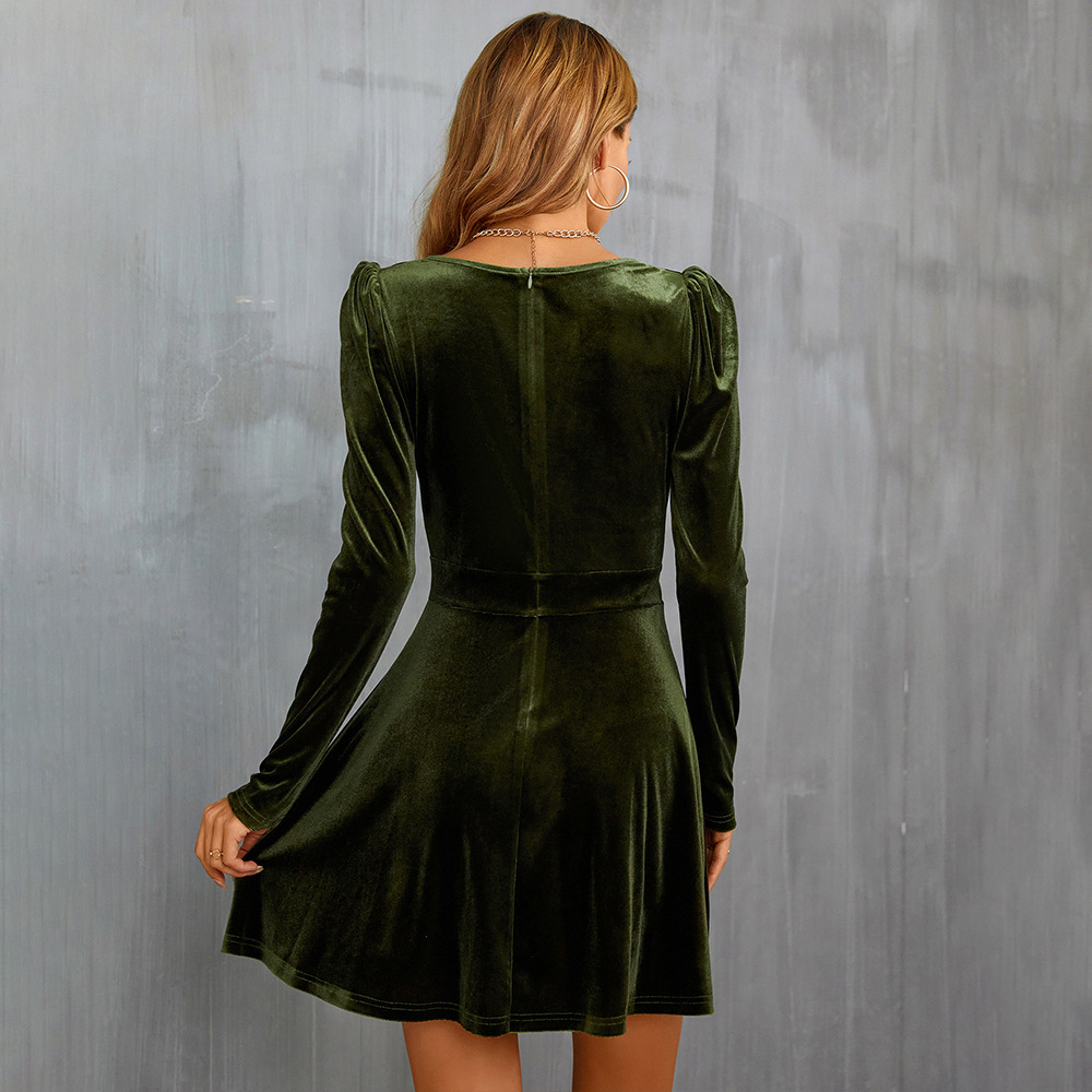 V Neck Long Sleeve A Line Velvet Dress - Dresses - Uniqistic.com