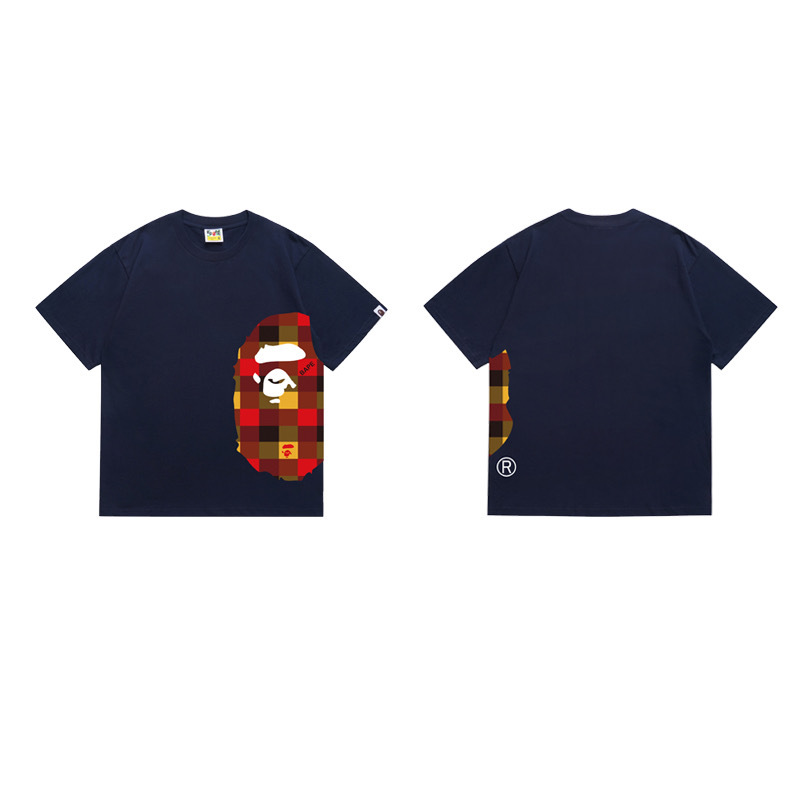 BAPE T-shirt Checkered Ape Head Navy