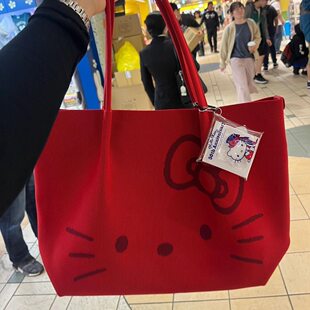 Hello Kitty, cartoon capacious shopping bag, linen bag one shoulder