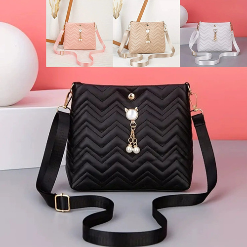 Korean Style Fashion Wave Striped Quilted Cat Pearl Decorated Women's Crossbody Bag Women's Bag