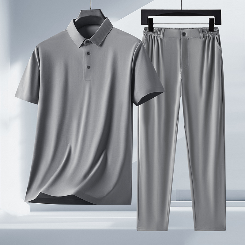 100% Mulberry Silk Men's Suit Short-Sleeved T-Shirt Elastic Trousers Waist Middle-Aged Dad Ice Silk Seamless Two-Piece Set