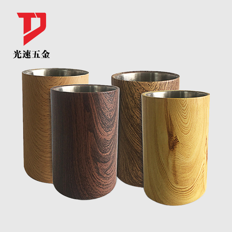 Acero inoxidable nuevo grano de madera de doble capa aislado cubo de hielo barra redonda recta cerveza cubo de metal Champagne Cubo de vino