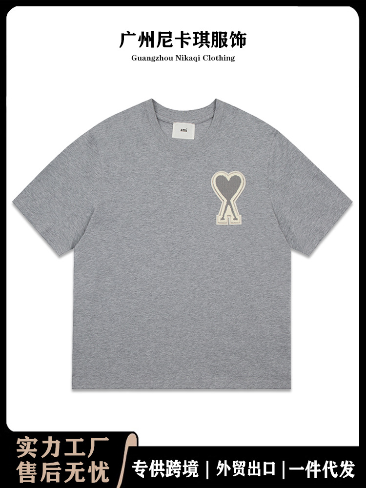 Ami半袖2025年春夏新作刺繍大愛ゆったり丸襟半袖男女同柄tシャツ上着