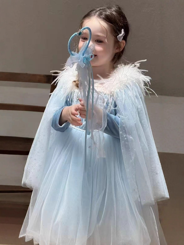 2025女童爱莎艾莎冰雪儿童公主裙纱裙小女孩生日礼服裙长袖羽毛款|undefined