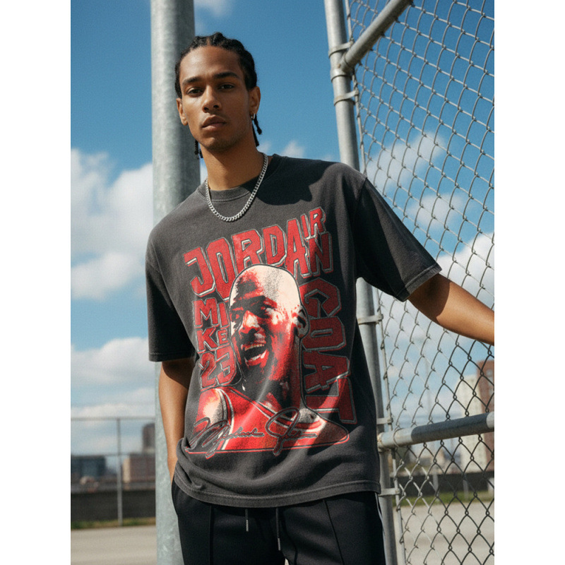 Cross-Border European Size Cross-Border Aerial Acrobatic Mj Print Short-Sleeve T-Shirt High Street Versatile Heavyweight Crew Neck Hoodie