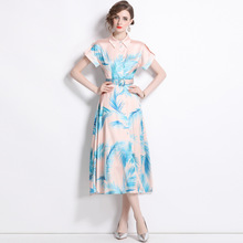 欧美时尚2025年夏季名模走秀新款翻领衬衫长裙女印花短袖连衣裙