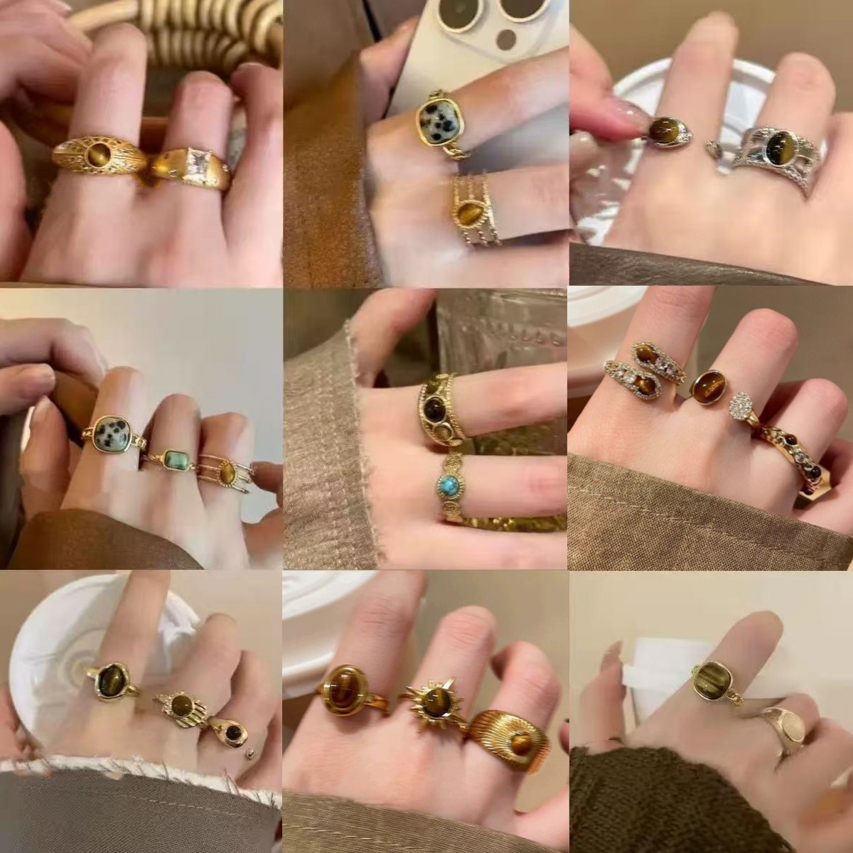 环保美拉德虎眼石款开口戒指小众百搭设计时尚高级感手饰套装