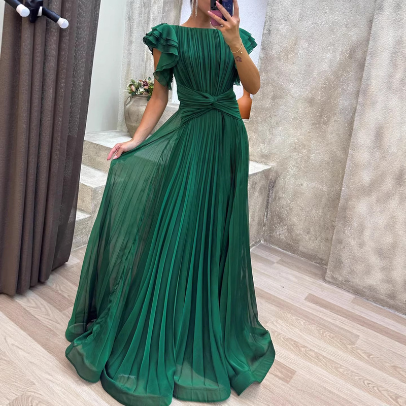 Cross-Border Export New Women's Clothing Ins Sexy Pleated Short-Sleeved Elegant Banquet Long Green Evening Dress Cross-Border Export New Women's Clothing Ins Sexy Pleated Short-Sleeved Elegant Banquet Long Green Evening Dress