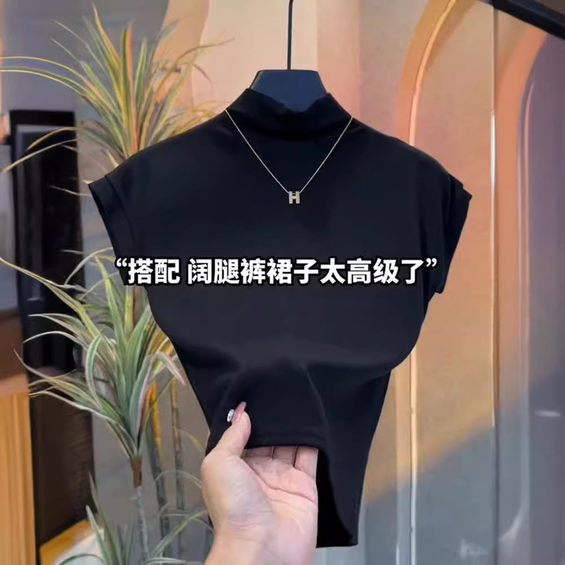 Black Slimming Look Short-Sleeved Half Turtleneck T-Shirt 2025 Spring and Summer New High-End Slimming Look Top Women's Versatile