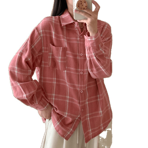 Spring and Autumn Grid Shirt for Women - New Hong Kong Style Loose Fashion Trend Top - American Retro High Street Design Sensory Blouse