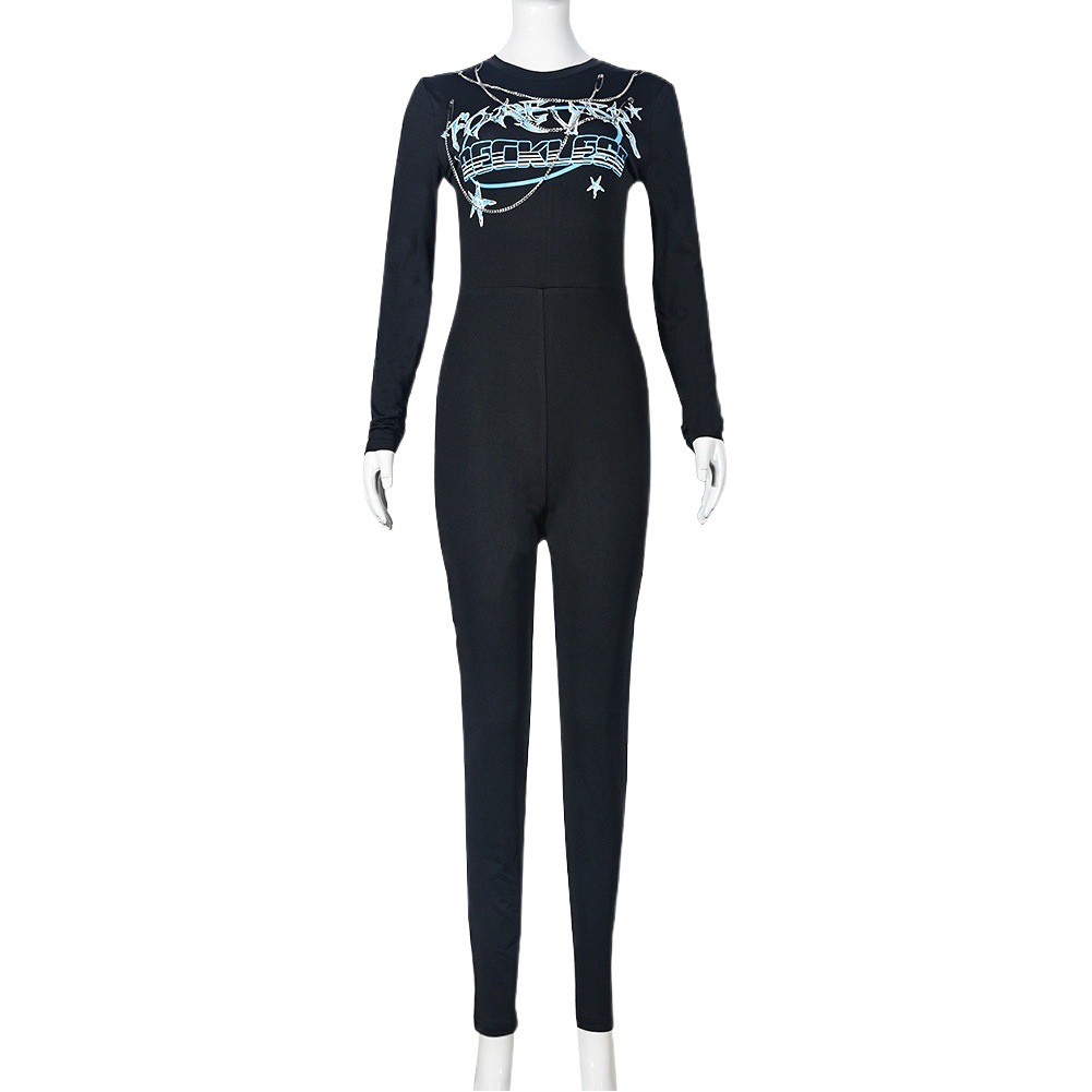 7979 nazada europeo y americano transfronterizo de una sola pieza de ropa de mujer de moda impresa cuello redondo de manga larga de alto elástico adelgazante mono apretado image 1