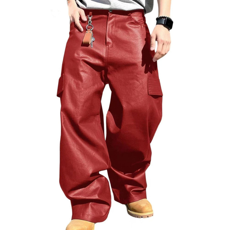 2026 Cross-Border Men's Pu Leather Pants Loose Workwear Pants Trendy Straight Casual Trousers Retro American Motorcycle Pants