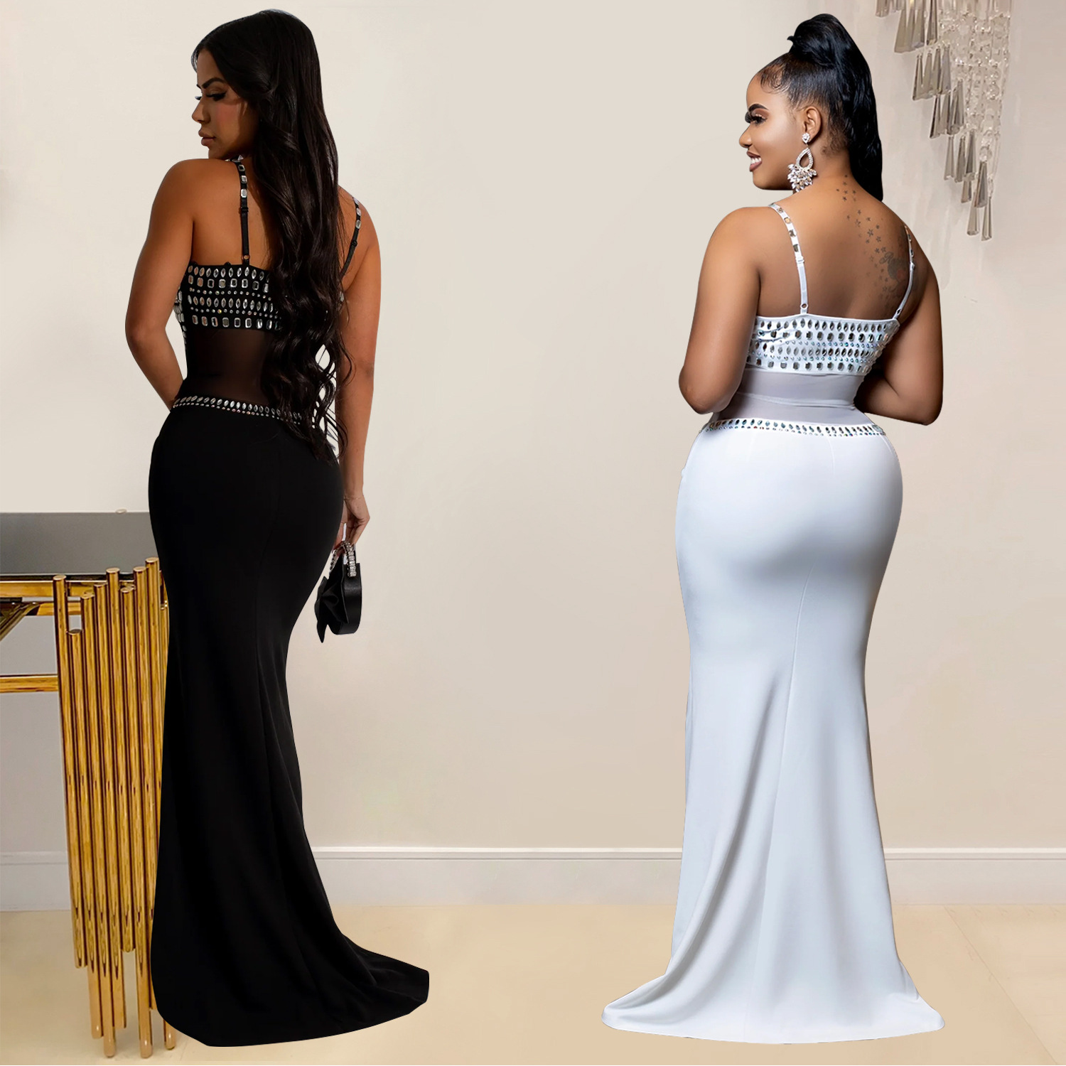 C6989 Aliexpress transfronterizo Amazon estación independiente de moda europea y americana ropa de mujer de malla de diamante caliente vestido vestido largo nuevo image 3