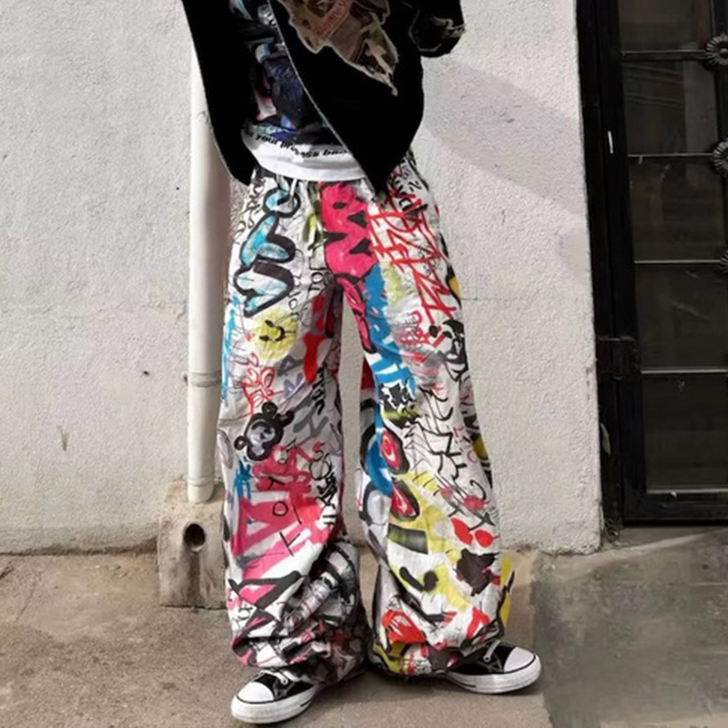 Pantaloni larghi da uomo con stampa graffiti, unisex, larghi, tubolari, multi-taglie, floreali, tendenza_voghion.com