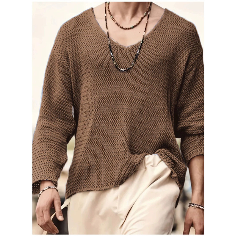 2026 Spring and Autumn New Men's V-Neck Hollow Knit Long Sleeve Shirt, Loose Fit, Large Size, Solid Color Casual Pullover Men's Wear 2026 Spring and Autumn New Men's V-Neck Hollow Knit Long Sleeve Shirt, Loose Fit, Large Size, Solid Color Casual Pullover Men's Wear