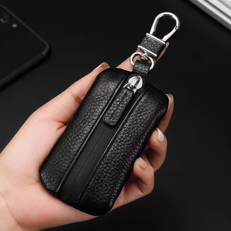 New Cowhide Universal Key Case for Men, Car Key Cover with Lychee Pattern, Genuine Leather Waterproof Zipper Car Key Case