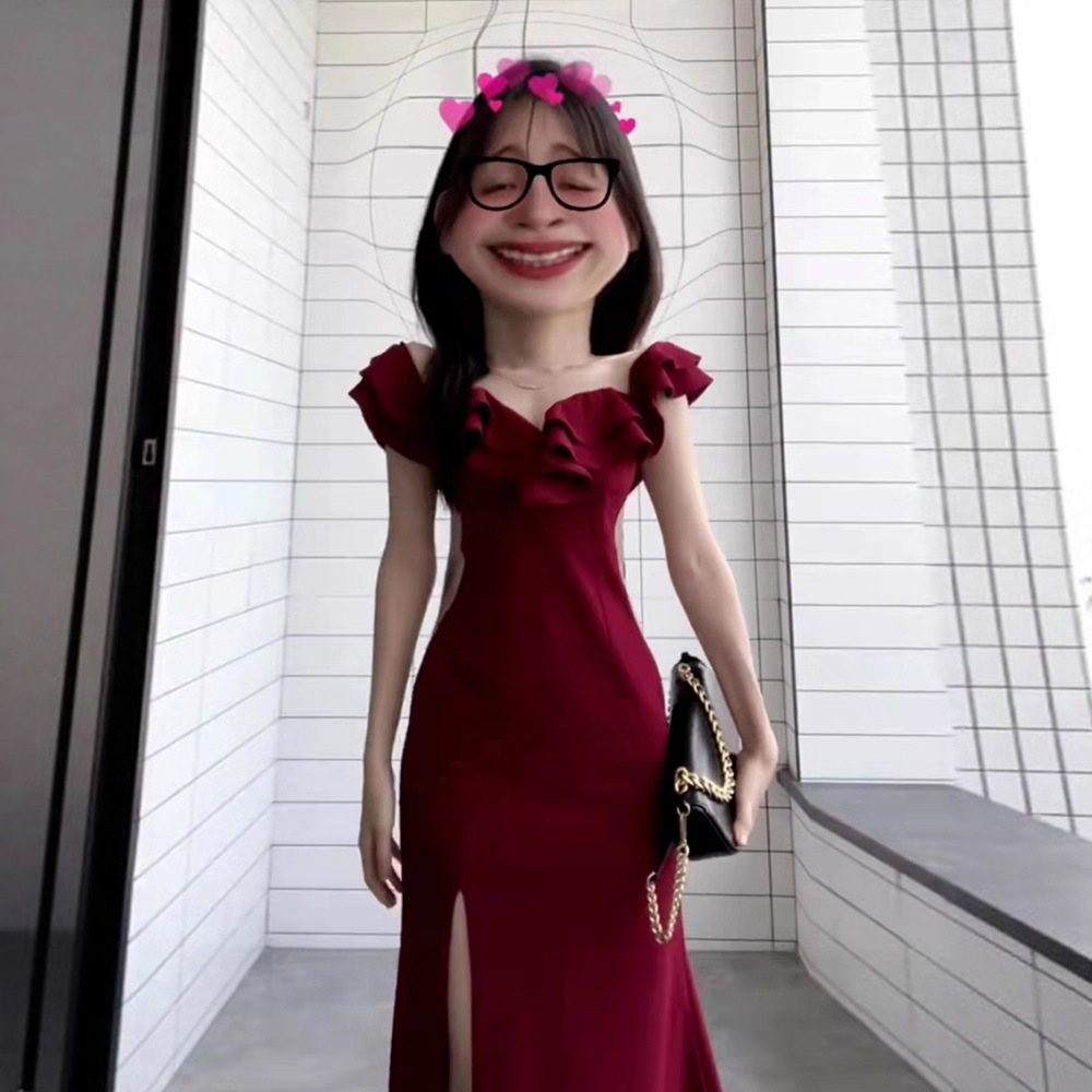 Elegant Ladylike Lady Banquet Dress One-Shoulder Dress Sexy Slit Waist-Covering Hip Fishtail French Long Skirt