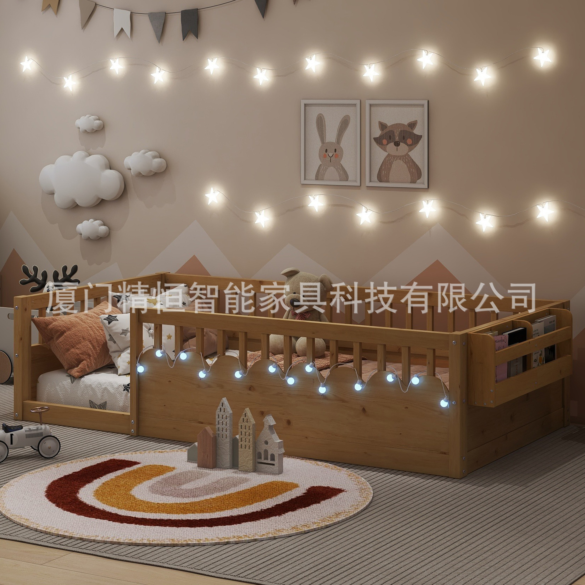 All Solid Wood Children's Bed Modern Boy's Bed with Bookshelf Girl's Bed with Guardrail Baby Source Factory Batch Customization