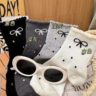 Zhuji Socks Pockng Bow Pure Autumn New Stacked Socks Japanese Style Internet Celebrous Mid-tube Women's Socks Lace Mid-tube