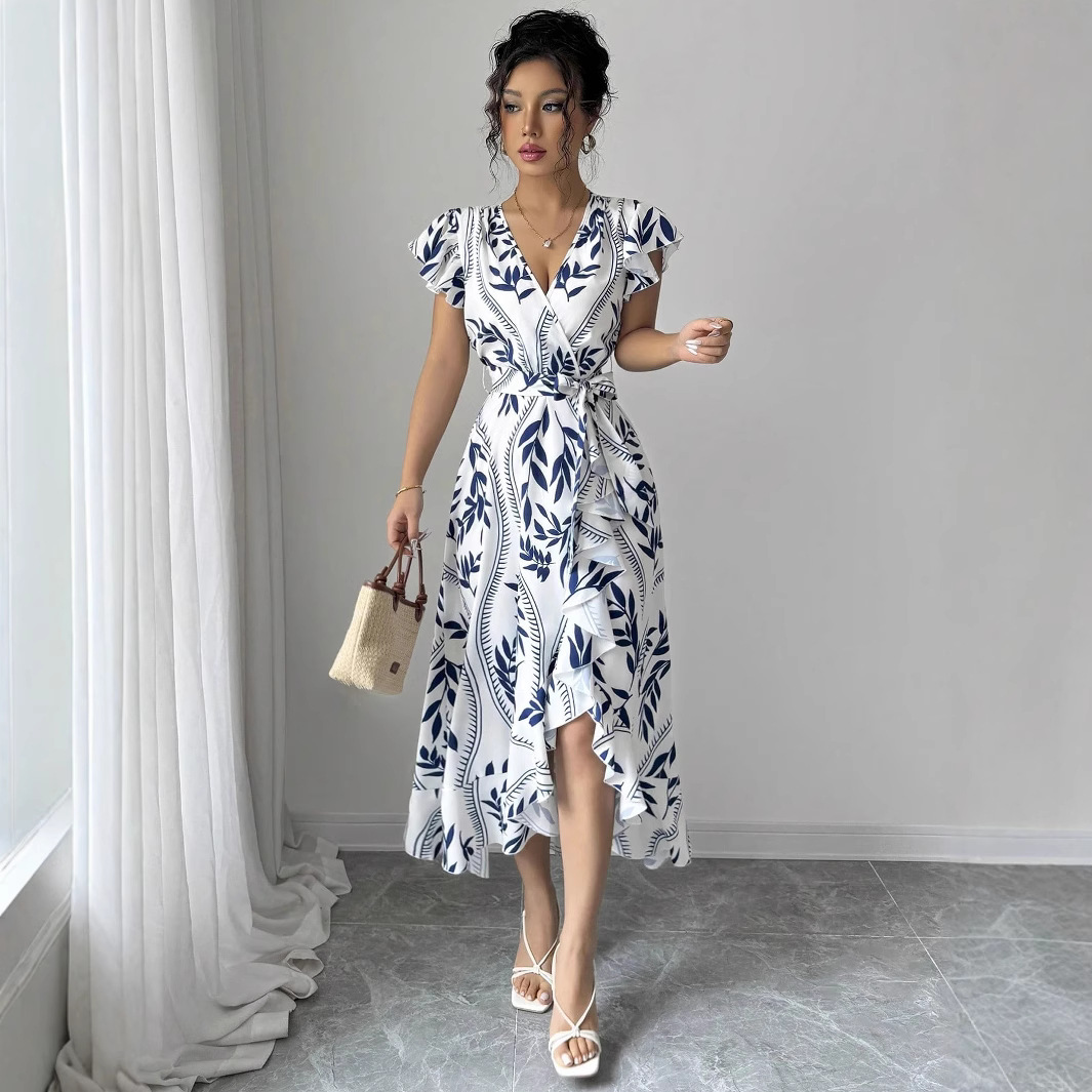 新品V领印花收腰前荷叶边装饰不对称下摆优雅修身喇叭连衣裙