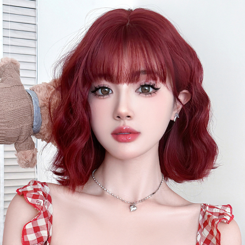 Wig Women's Short Curly Hair Bordeaux Red Amazon New Chemical Fiber Imitation Whole Wig High Temperature Silk Pullover Short Hair
