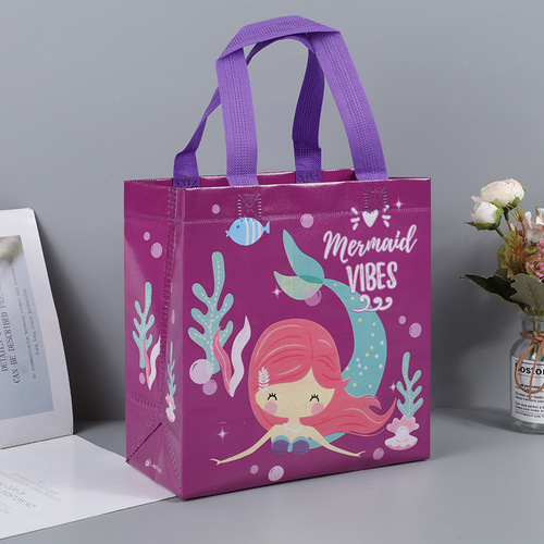 Shopee Cartoon Mermaid Non-Woven Student Book Storage Bag Cute Print Children's Stationery Portable Tote Bag