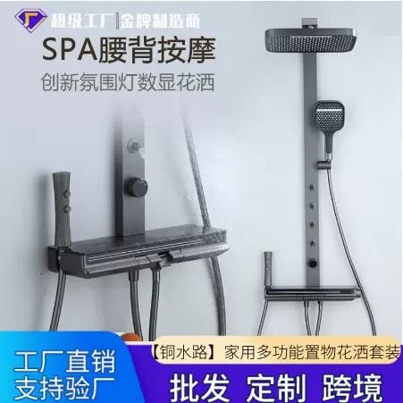 纯铜水路置物花洒套装枪灰白色数显家用增压喷枪大顶喷手喷套装