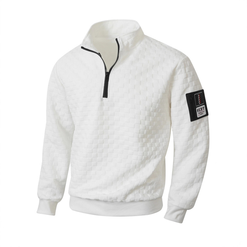 Cross-Border Export European and American Men's Casual Waffle Small Square Knitted Jacquard Quilted Zipper Pullover Stand Collar Sweatshirt