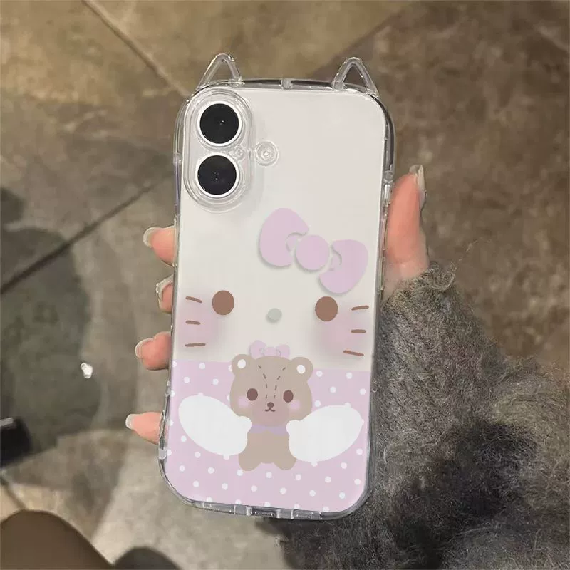 Чехол для телефона (Sanrio) совместим с iPhone 11–17 серии — прозрачный с ушками кота