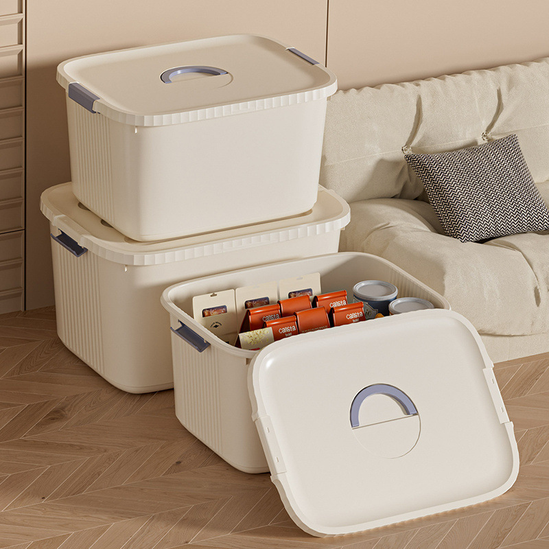 Household Storage Box Cream Color Storage Box Multi-Functional Large Capacity Snacks Clothes Sundries Plastic Flip Storage Basket