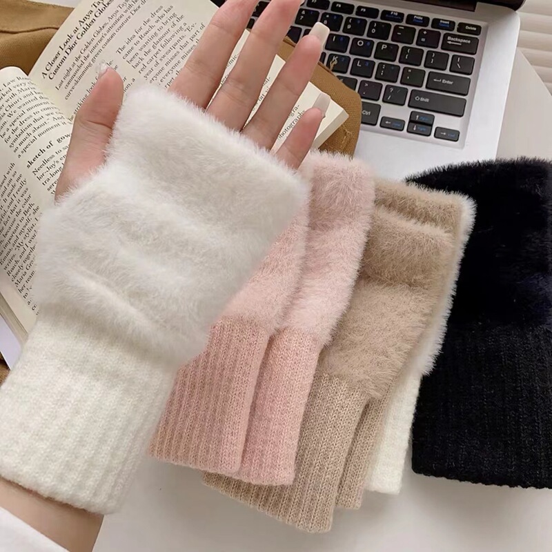 Winter Gloves Warm Knitted Finger-free Half-cut Wool Men's and Women's Cute Riding Jacquard Thickened Adult Hand Socks