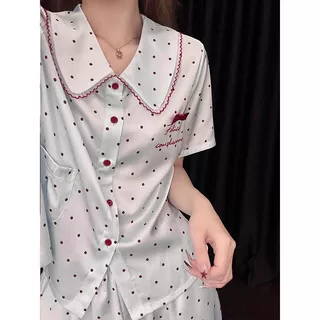 韩系浅蓝波点印花娃娃领冰雪丝睡衣女夏季短袖长裤开衫家居服套装