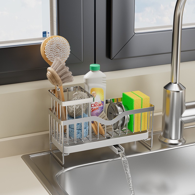 Kitchen shelf, sink drain rack, dish soap dishwashing countertop storage rack, faucet, sink, sponge, rag basket