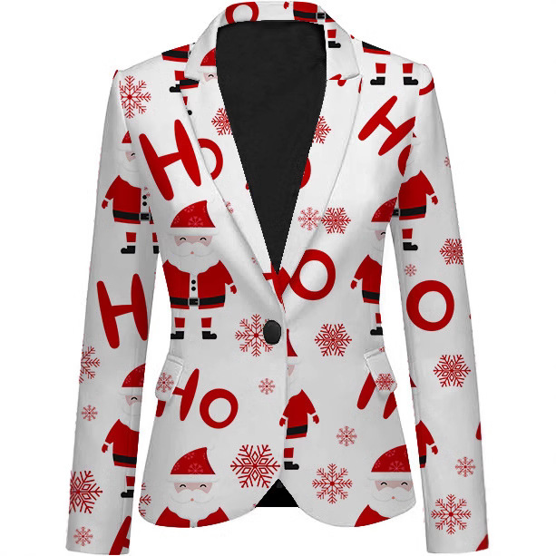 2024跨境春秋新款女士一件定制西服圣诞节印花西装外套女批发女装