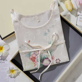 睡裙夏季女冰丝短袖中长款新中式圆领印花家居服2025新款仿真丝绸