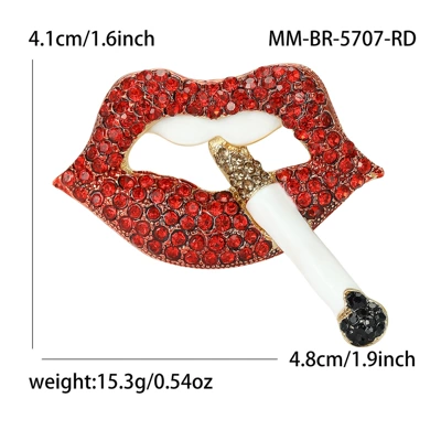 European and American Creative and Unique Alloy Enamel Oil-Drip Diamond-Studded Lip Cigarette Women's Brooch, Fashionable and Simple Clothing Accessory (Yaxa sancaqları) - red-5707-rd