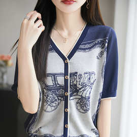 【厂家直供】V领天丝短袖T恤女夏季新款撞色提花冰丝针织衫上衣潮